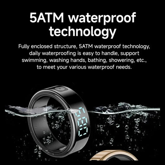 Smart Ring with Charging Box for Men Women-Step Health Tracker Heart Rate Blood Oxygen Monitor 5ATM Sleep Monitoring LCD Display