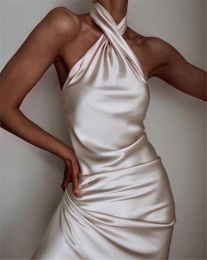 2020 new women's clothing foreign temperament halter neck skirt sexy slim gloss dress factory direct sales