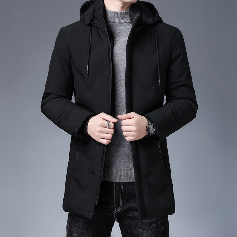 Men's winter mid-length casual thickened hooded removable cotton-padded jacket for middle-aged men