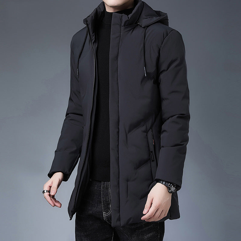 Men's winter mid-length casual thickened hooded removable cotton-padded jacket for middle-aged men