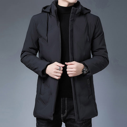 Men's winter mid-length casual thickened hooded removable cotton-padded jacket for middle-aged men