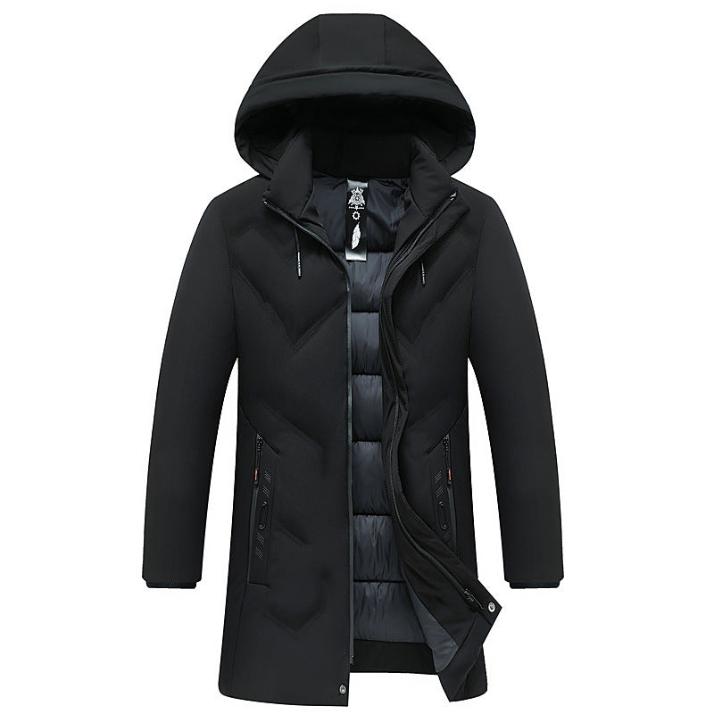 Men's winter mid-length casual thickened hooded removable cotton-padded jacket for middle-aged men