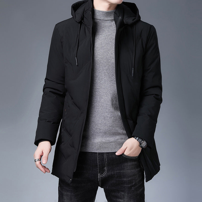 Men's winter mid-length casual thickened hooded removable cotton-padded jacket for middle-aged men