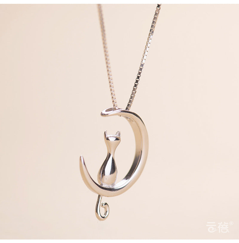 Fashion Cute Animal Cat Moon Pendant Necklace Charm Silver Gold Color Box Chain Necklace Kitten Pet Lucky Jewelry For Women Gift