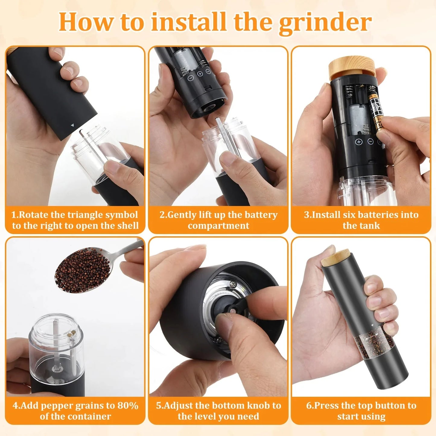 Wood Lid Electric Salt Pepper Grinders Portable Automatic Pepper Mill Adjustable Coarseness Pepper Grinder with Brush for Kitche