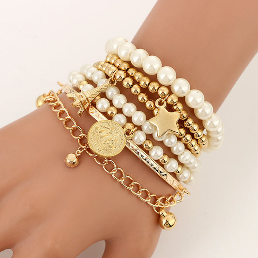 Korean version of the multi-element Eiffel Tower pearl vintage bracelet, six-piece coin set jewelry, multi-layer elastic bracelet