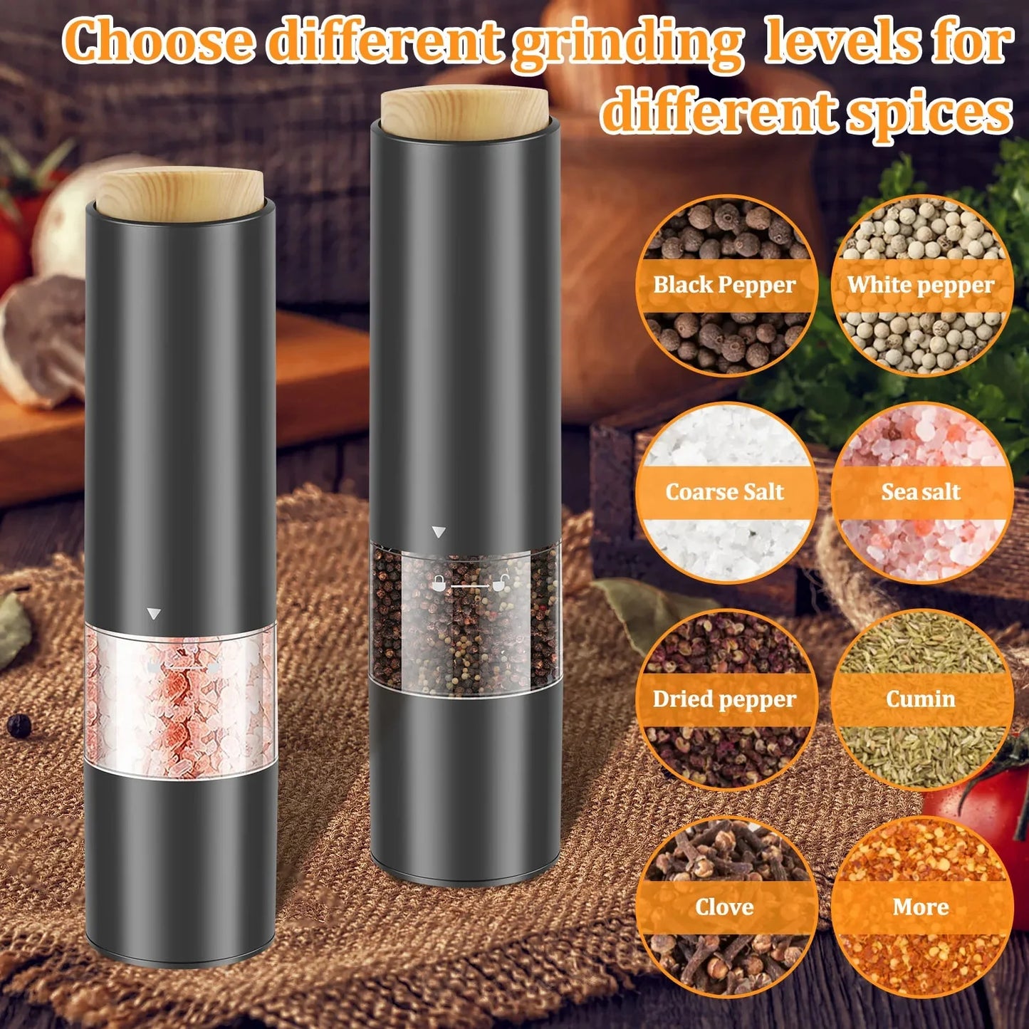 Wood Lid Electric Salt Pepper Grinders Portable Automatic Pepper Mill Adjustable Coarseness Pepper Grinder with Brush for Kitche