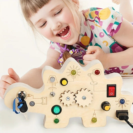 Kids Wooden Dinosaur Activity Circuit Board Busy Light Gear Key Switch Montessori Early Education Learning Sensory Toys children