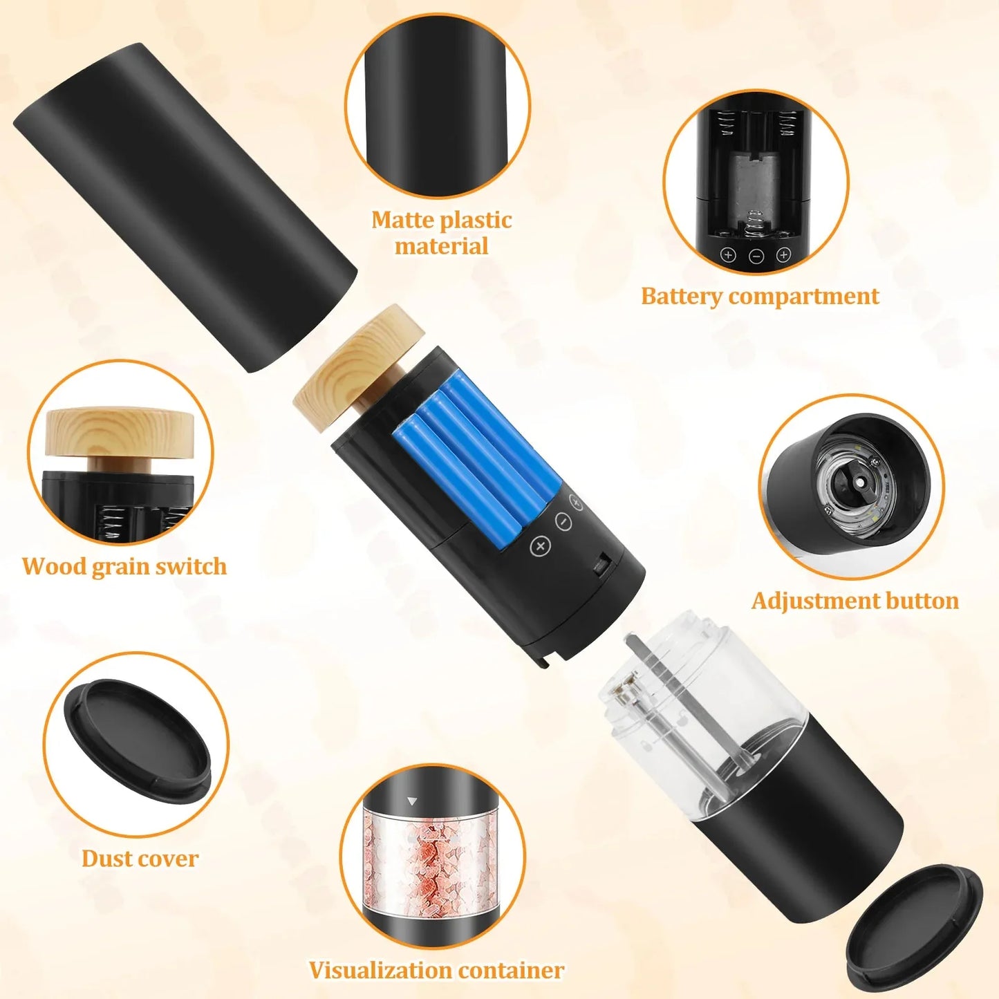 Wood Lid Electric Salt Pepper Grinders Portable Automatic Pepper Mill Adjustable Coarseness Pepper Grinder with Brush for Kitche