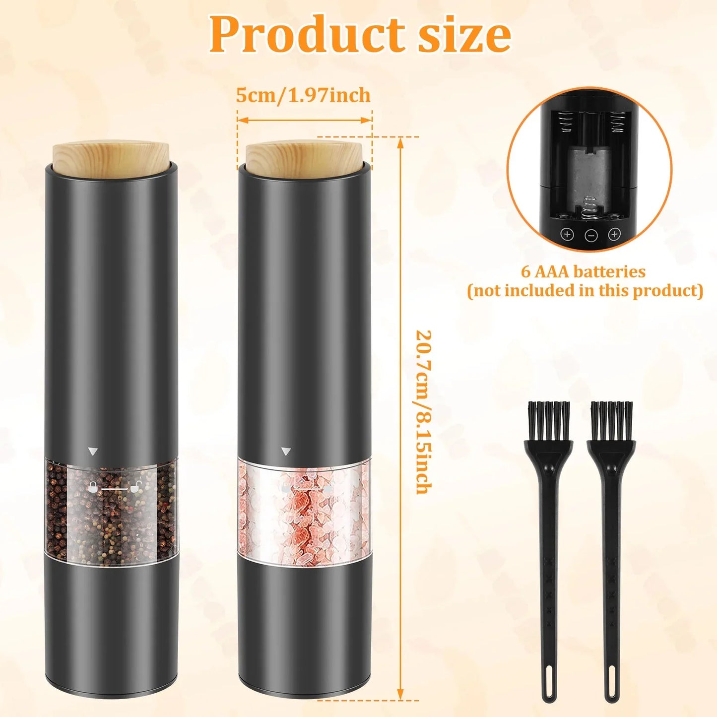 Wood Lid Electric Salt Pepper Grinders Portable Automatic Pepper Mill Adjustable Coarseness Pepper Grinder with Brush for Kitche
