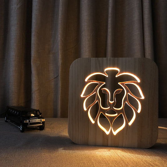 FS-T1886 Cross-border Lion head solid wood table lamp Creative hollow carving gift light New 3D lamp