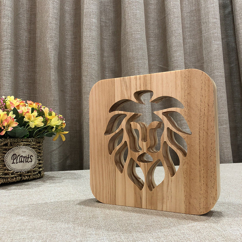 FS-T1886 Cross-border Lion head solid wood table lamp Creative hollow carving gift light New 3D lamp
