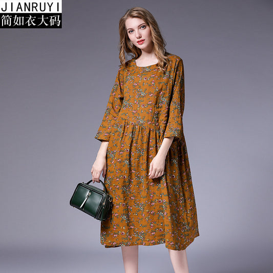 large size women's fat mm autumn new linen cotton literary floral pleated stitching loose dress 9831