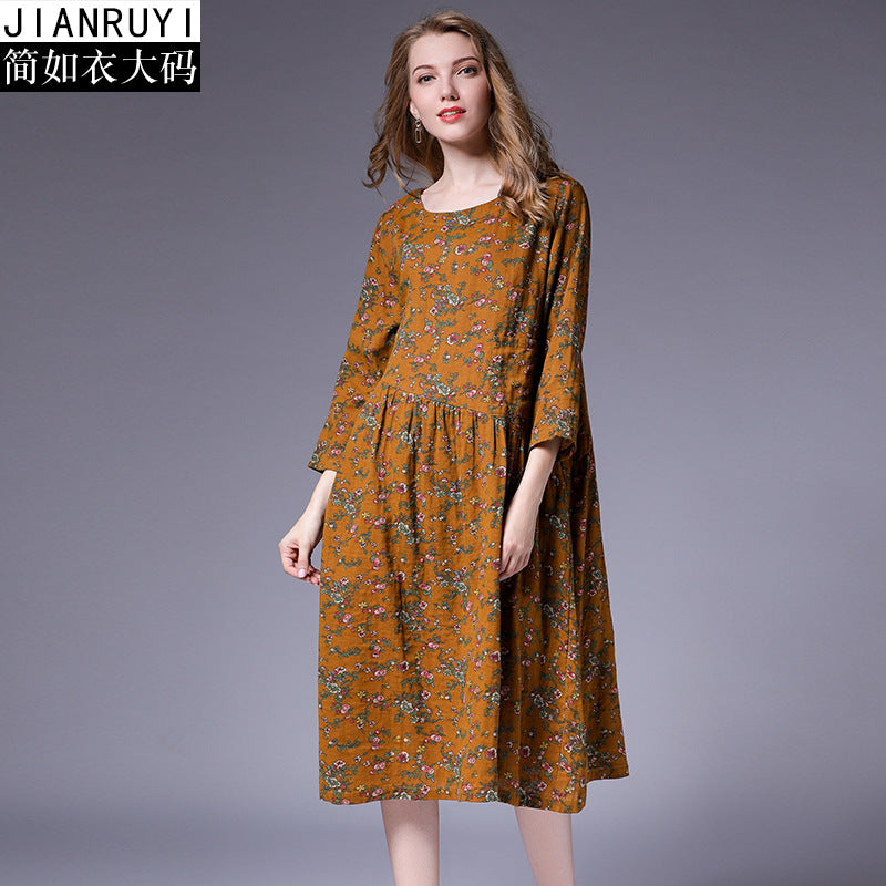 large size women's fat mm autumn new linen cotton literary floral pleated stitching loose dress 9831