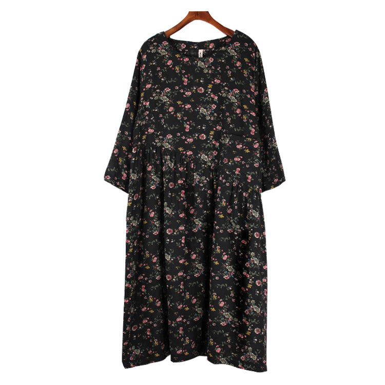 large size women's fat mm autumn new linen cotton literary floral pleated stitching loose dress 9831