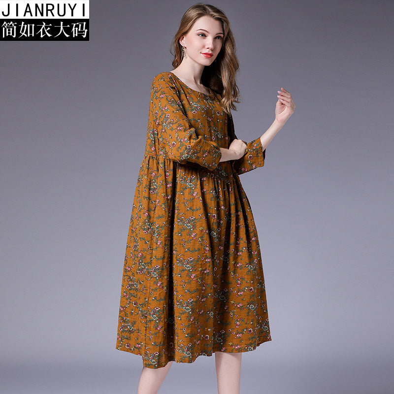 large size women's fat mm autumn new linen cotton literary floral pleated stitching loose dress 9831