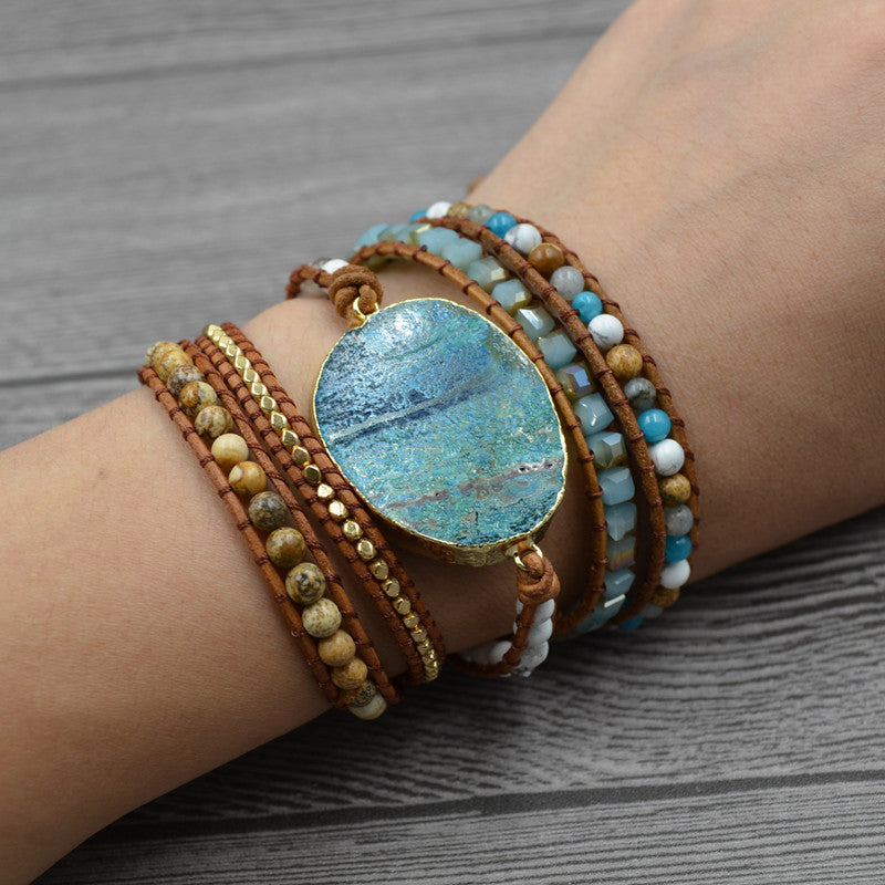 European and American retro foreign trade natural marine stone bracelet beaded natural stone weaving handmade bohemian bracelet