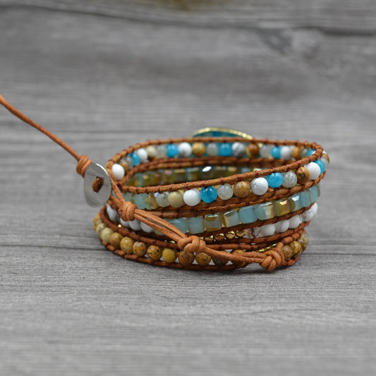 European and American retro foreign trade natural marine stone bracelet beaded natural stone weaving handmade bohemian bracelet