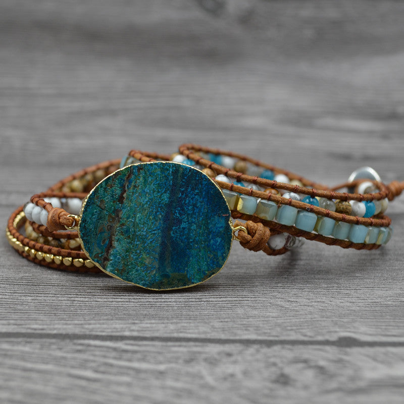 European and American retro foreign trade natural marine stone bracelet beaded natural stone weaving handmade bohemian bracelet