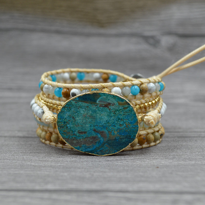 European and American retro foreign trade natural marine stone bracelet beaded natural stone weaving handmade bohemian bracelet