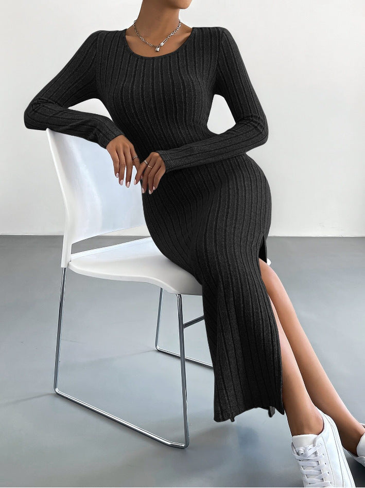 European and American cross-border 2024 autumn and winter long-sleeved round neck slit knitted long dress for women