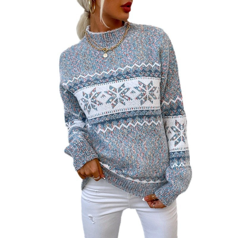 Cross-border knitted bottoming shirt for women long sleeve autumn and winter wear top pullover half turtleneck snowflake sweater for women