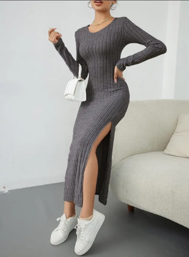 European and American cross-border 2024 autumn and winter long-sleeved round neck slit knitted long dress for women