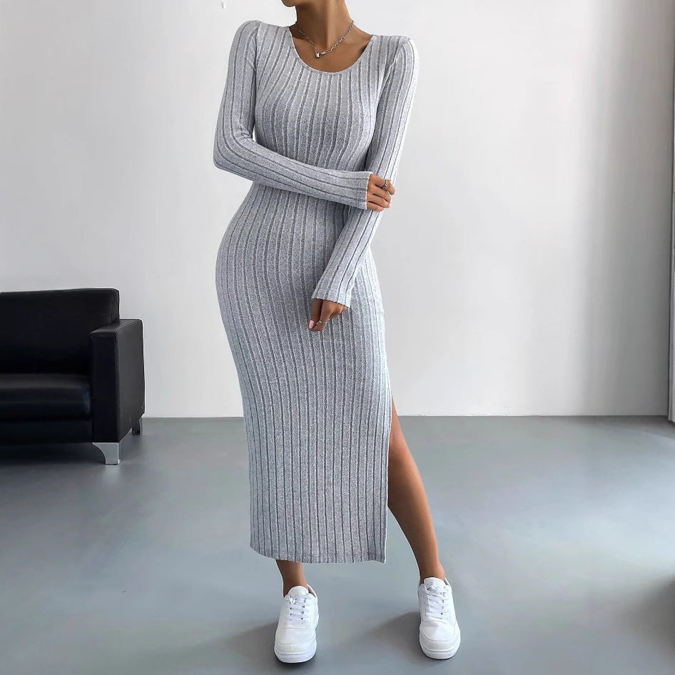 European and American cross-border 2024 autumn and winter long-sleeved round neck slit knitted long dress for women