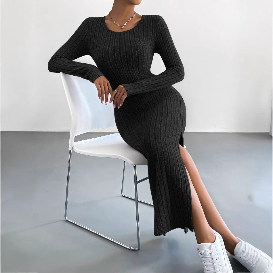 European and American cross-border 2024 autumn and winter long-sleeved round neck slit knitted long dress for women