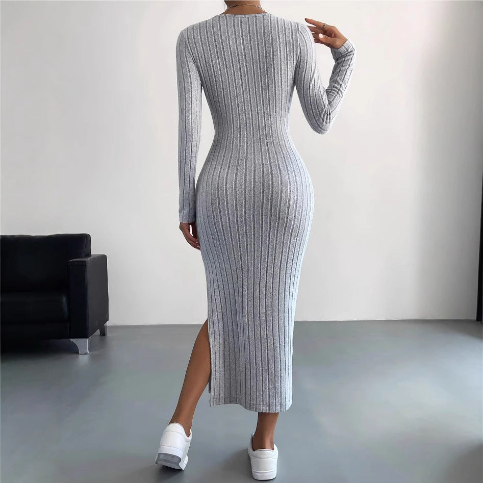European and American cross-border 2024 autumn and winter long-sleeved round neck slit knitted long dress for women
