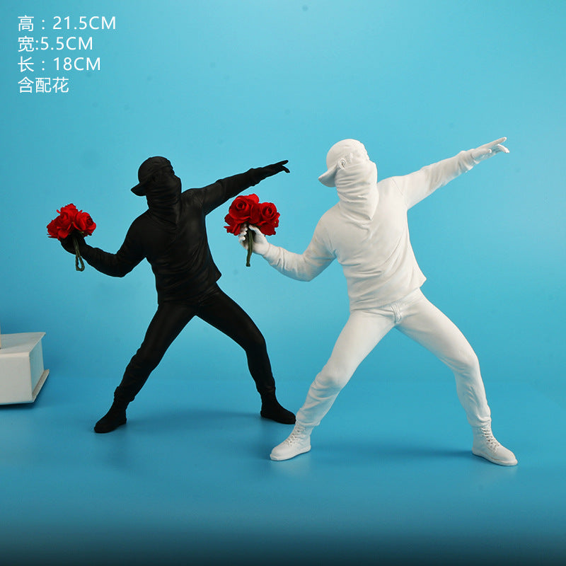 Zhuozhihua Banksy Throwing Flower Boy Ornament Creative Light Luxury Living Room Art Figure Sculpture Home Decorations
