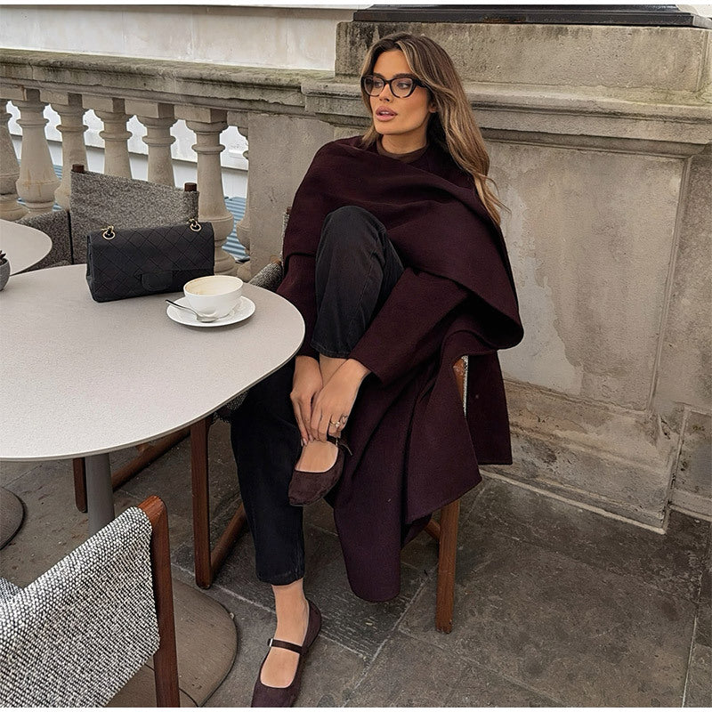 2024 new style fashion temperament elegant street casual solid color with scarf coat long style