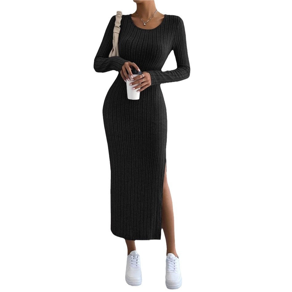 European and American cross-border 2024 autumn and winter long-sleeved round neck slit knitted long dress for women