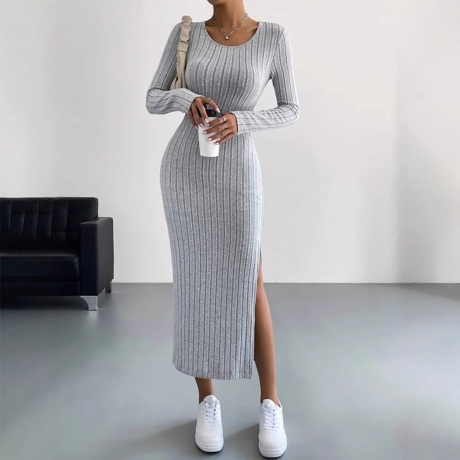 European and American cross-border 2024 autumn and winter long-sleeved round neck slit knitted long dress for women