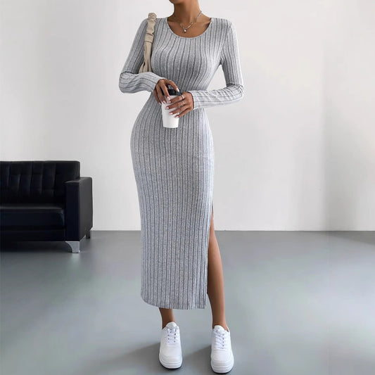 European and American cross-border 2024 autumn and winter long-sleeved round neck slit knitted long dress for women
