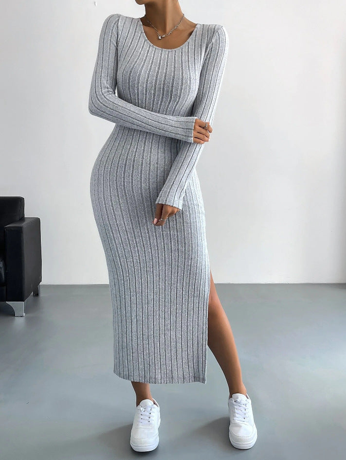 European and American cross-border 2024 autumn and winter long-sleeved round neck slit knitted long dress for women
