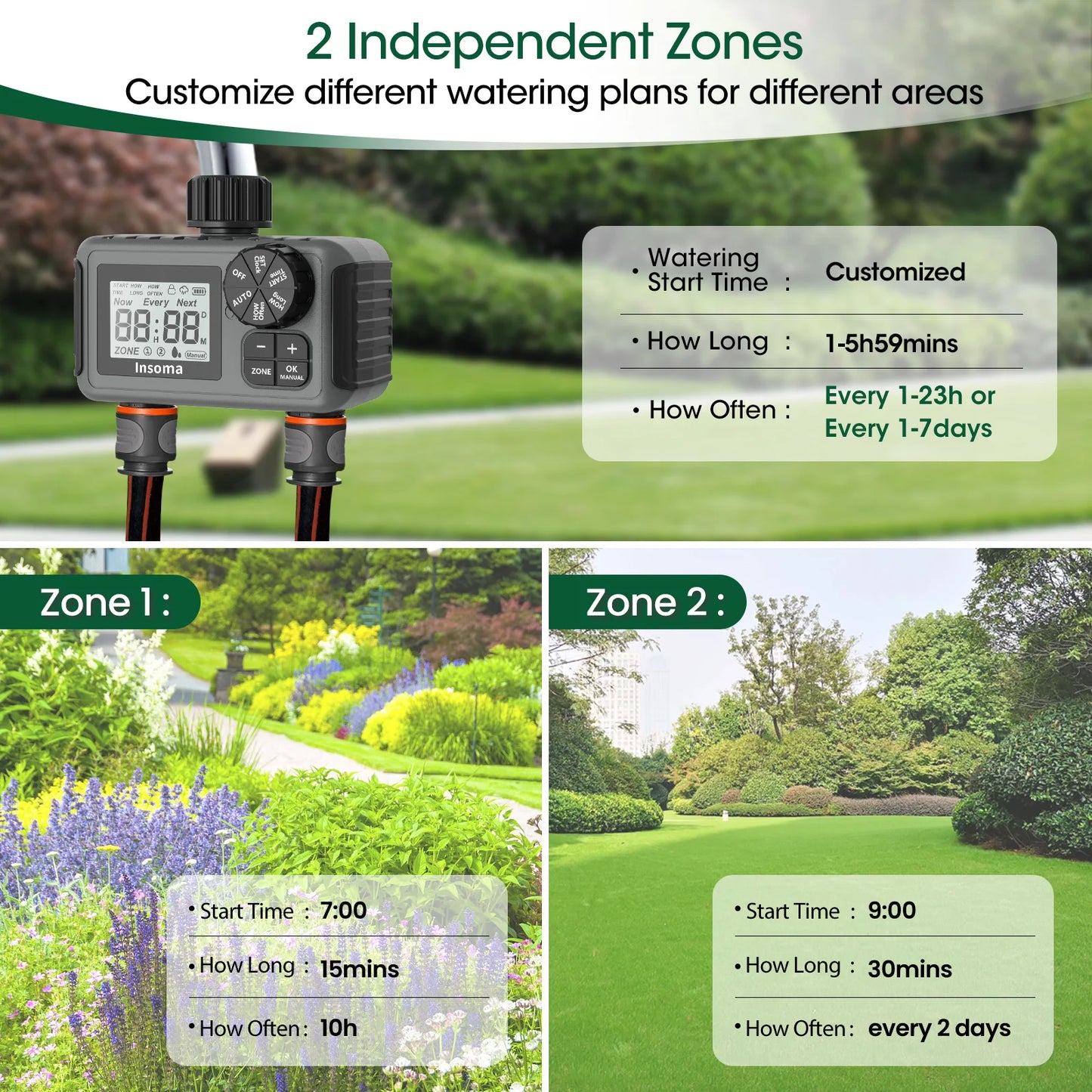 Insoma Smart Irrigation Watering System Dual Outlets Automatic Water Timer Sprinkle Faucet Hose Programmer  for Garden Outdoor