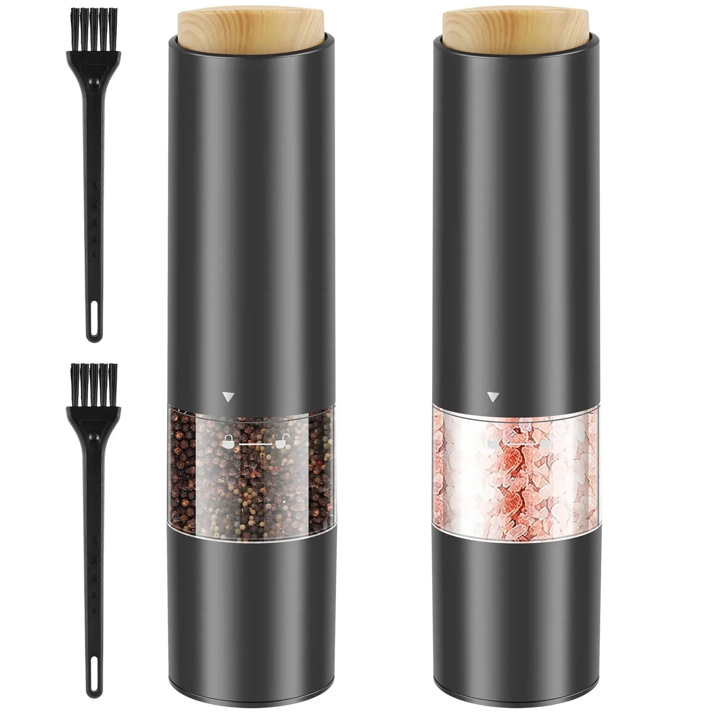 Wood Lid Electric Salt Pepper Grinders Portable Automatic Pepper Mill Adjustable Coarseness Pepper Grinder with Brush for Kitche