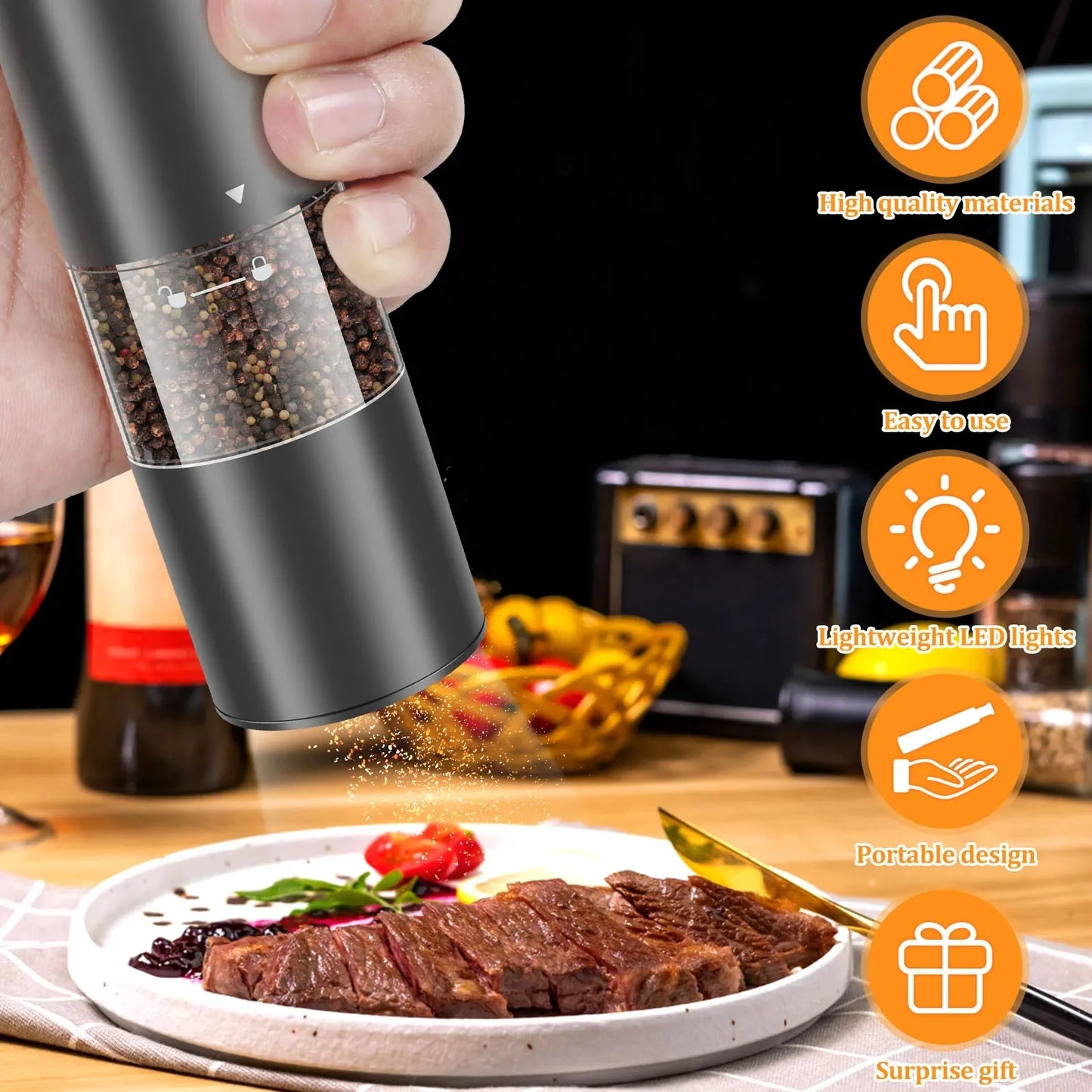 Wood Lid Electric Salt Pepper Grinders Portable Automatic Pepper Mill Adjustable Coarseness Pepper Grinder with Brush for Kitche