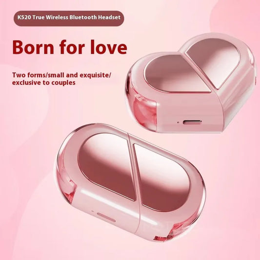 K520 Heart Shaped Bluetooth Earbuds - Stereo Sound, Wireless, HD Music Headphones for Kids, Teens, and Adults
